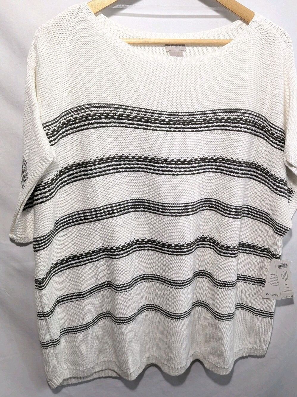 NWT Chico's Women's Size 4 (XXL) Olive Green Stripe Cable Knit Top Cap Sleeve